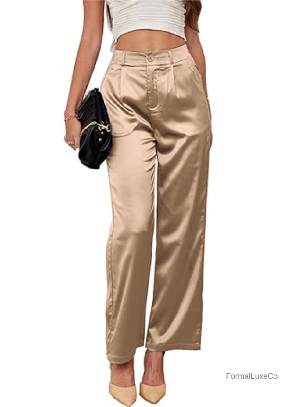 Wide Leg Satin Dress Pants High Rise Pleated Trousers